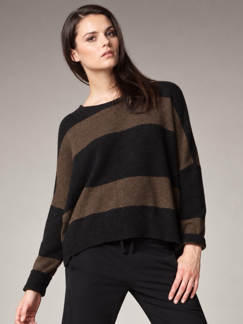Vince Yak Wool Blend Striped Crewneck Sweater Brown Black Women Size M